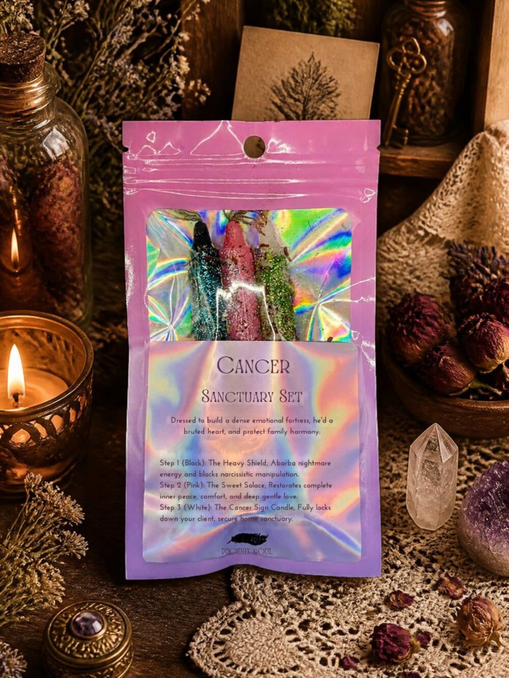 3pc Cancer Sanctuary Spell Candle Set Hand Dressed